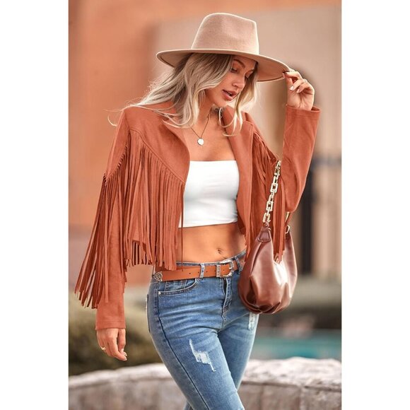 Women's Orange Fringe Faux Suede Leather Jacket Tassel Cropped Fal 2025 Coat - Picture 4 of 9